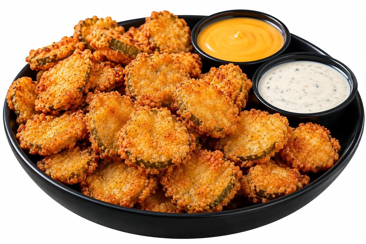 Crispy golden-brown fried pickle slices topped with melted cheese and served with creamy ranch dipping sauce.