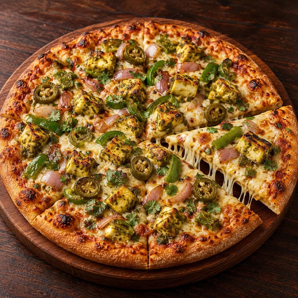 Chilli paneer tossed in a savory green chilli-style sauce with melted cheese, peppers, onions, jalapeños, and cilantro.