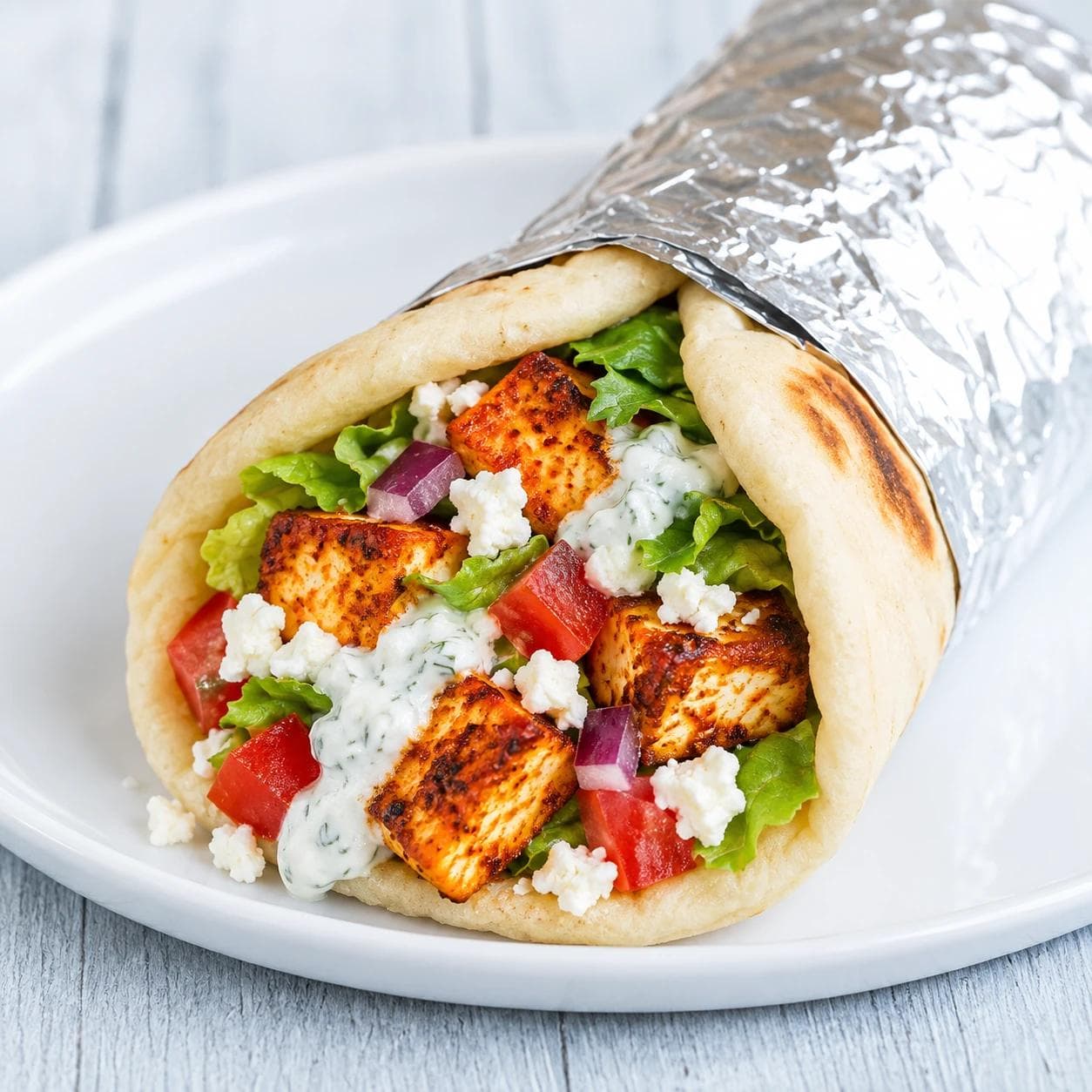 Tandoori paneer with fresh veggies, feta, and tzatziki in a warm pita.