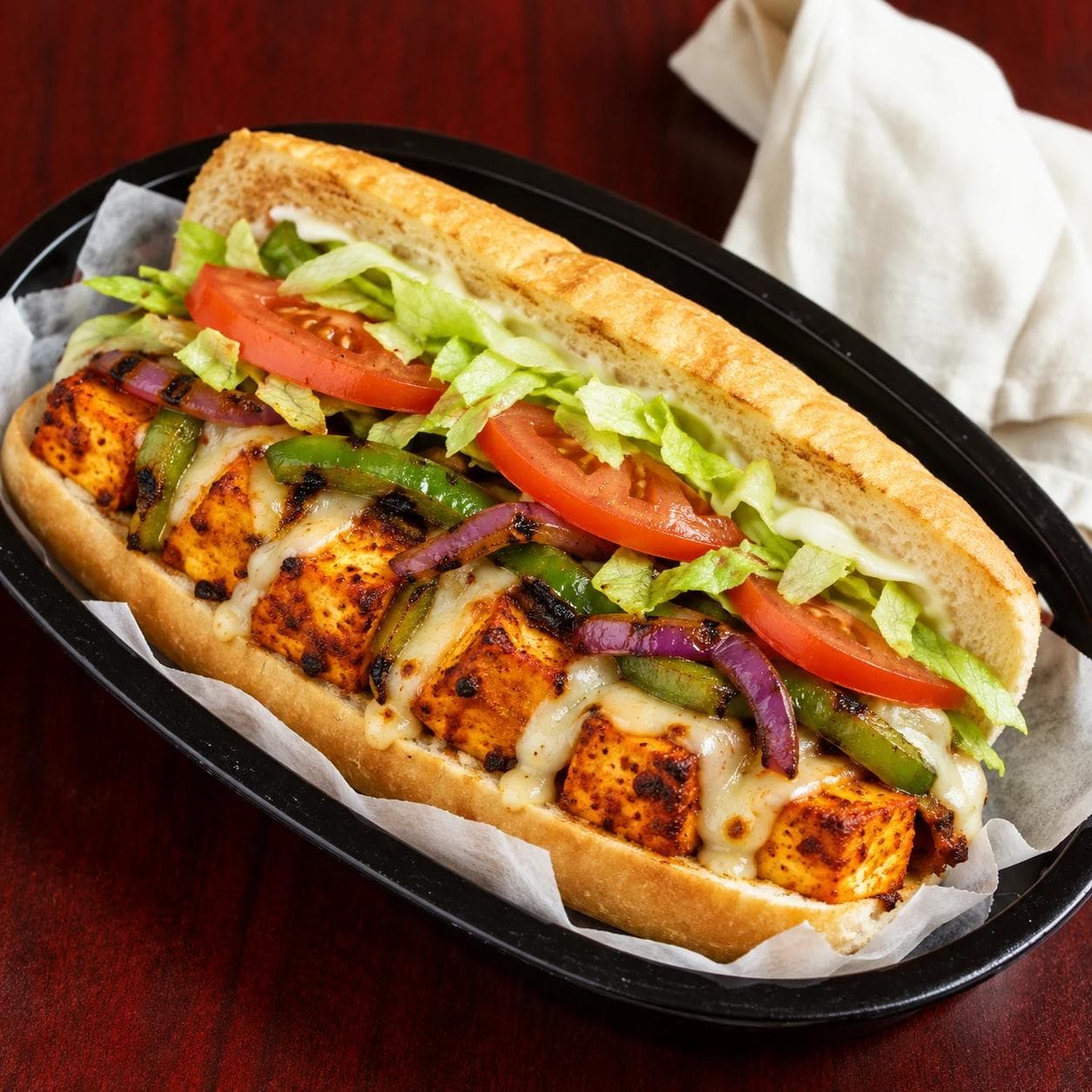 Tandoori paneer with grilled peppers and onions, provolone, fresh toppings, and mayo.