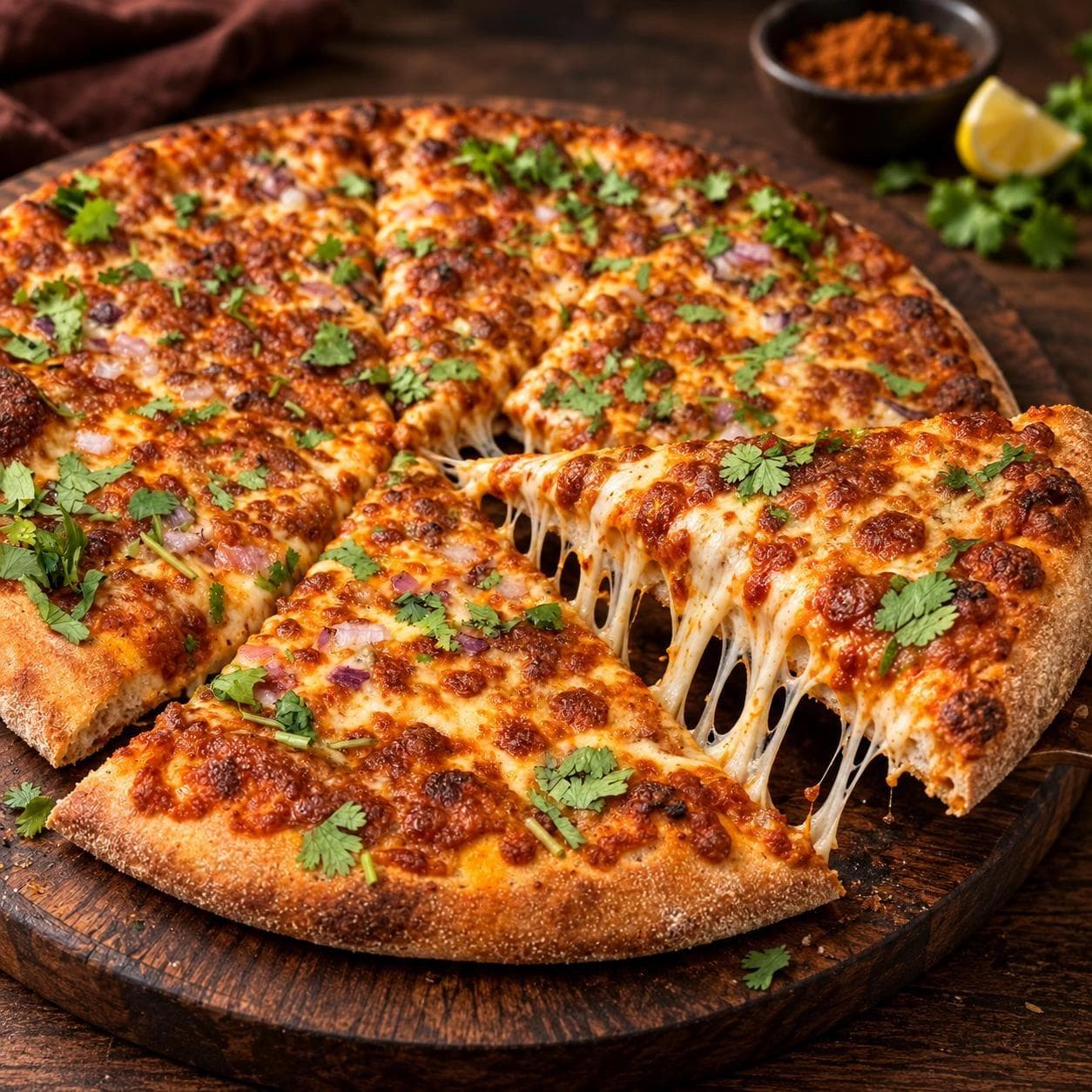 A Mumbai street-food-inspired pizza featuring a flavorful blend of potatoes, green peas, carrots, bell peppers, and onions, topped with mozzarella cheese and fresh cilantro.