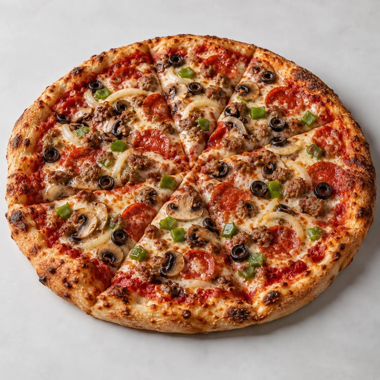 A loaded Supreme Pizza topped with pepperoni, sausage, mushrooms, green peppers, onions, black olives, and melted mozzarella over tomato sauce.