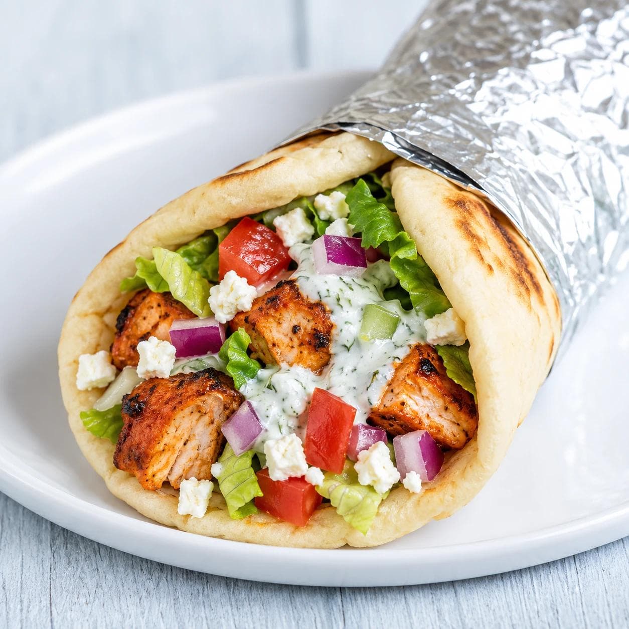 Tandoori chicken with fresh veggies, feta, and tzatziki in a warm pita.
