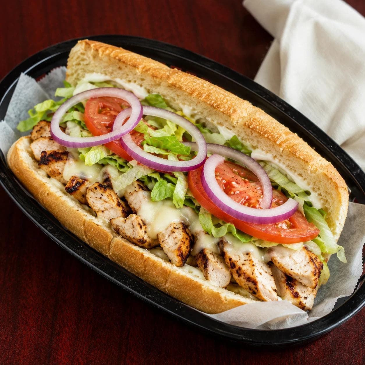Grilled chicken with provolone, fresh toppings, and mayo on a toasted sub