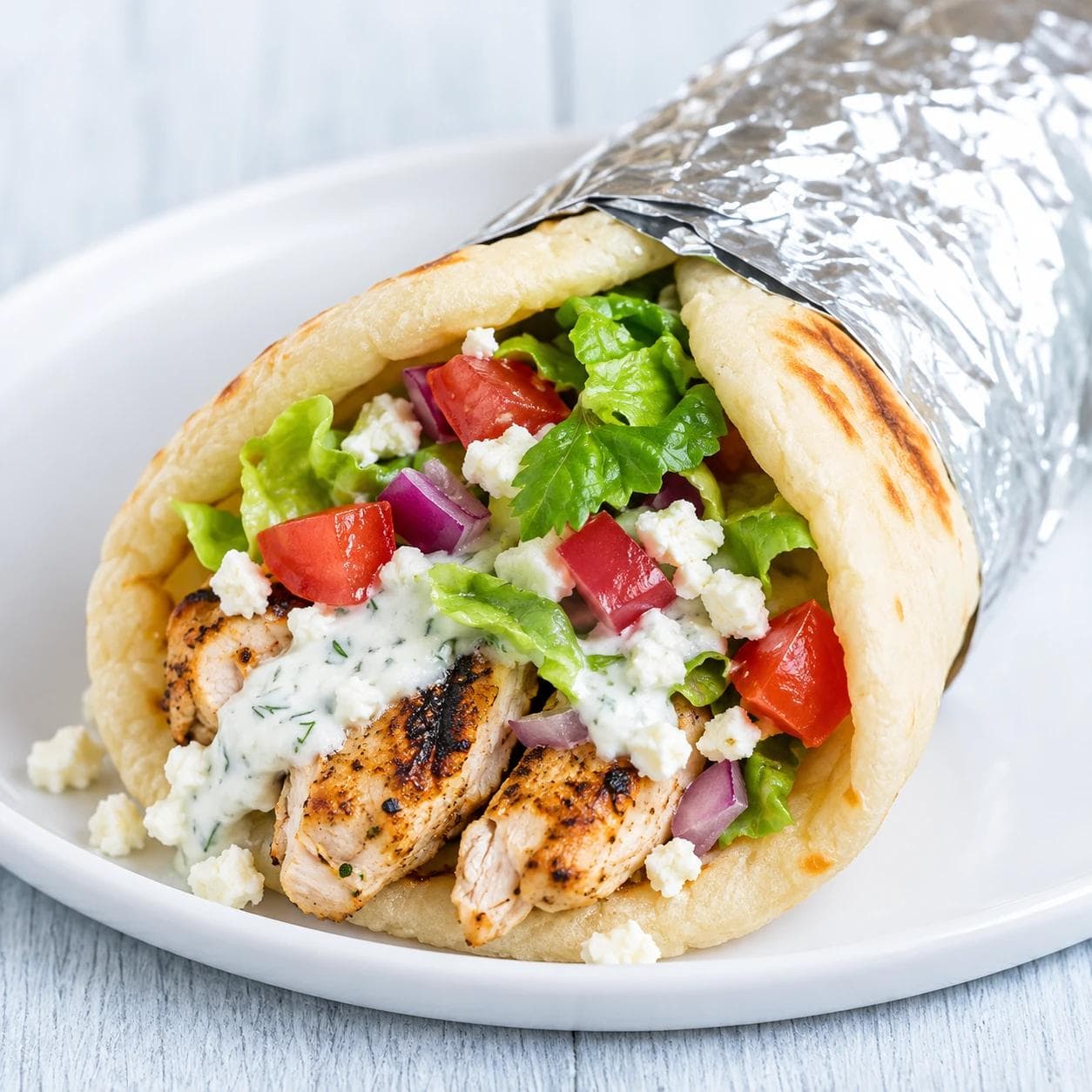 Grilled chicken with fresh veggies, feta, and tzatziki in a warm pita.
