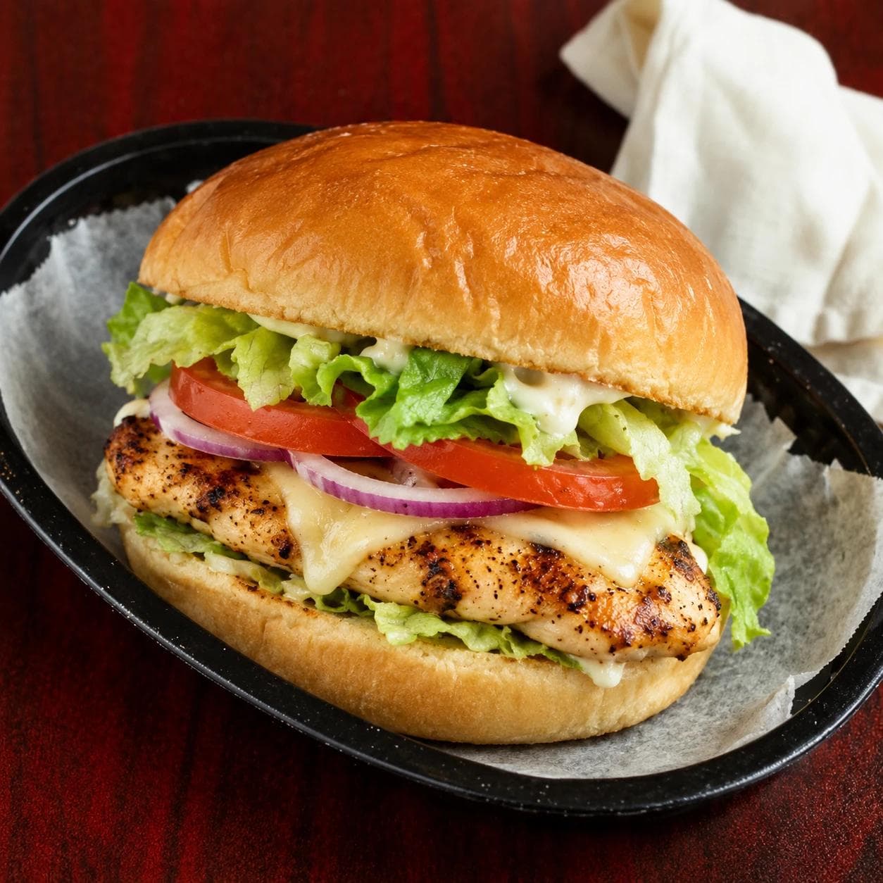 Grilled chicken with American cheese, fresh veggies, pickles, and mayo.