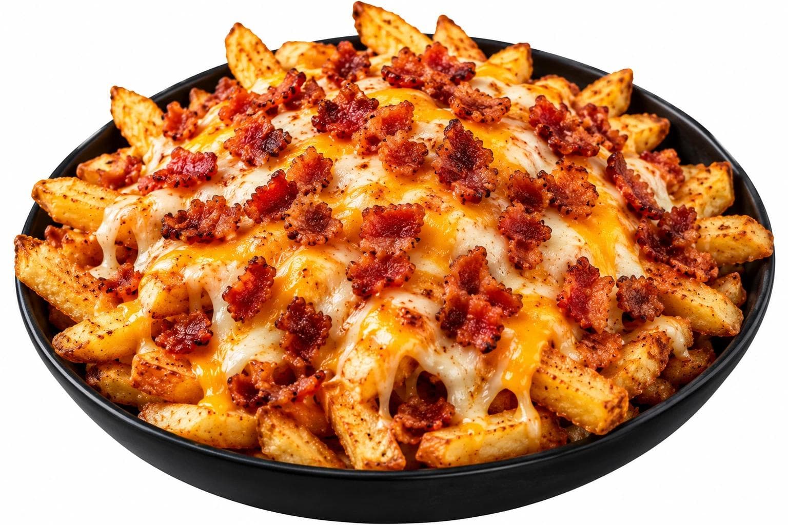 Crispy golden fries topped with savory bacon and melted cheese for a rich, satisfying bite.