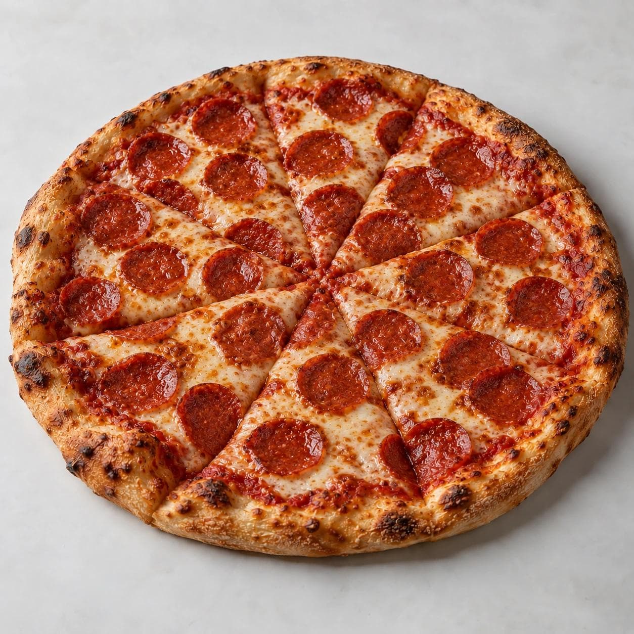 A classic pepperoni pizza topped with melted mozzarella, tomato sauce, and evenly scattered pepperoni slices
