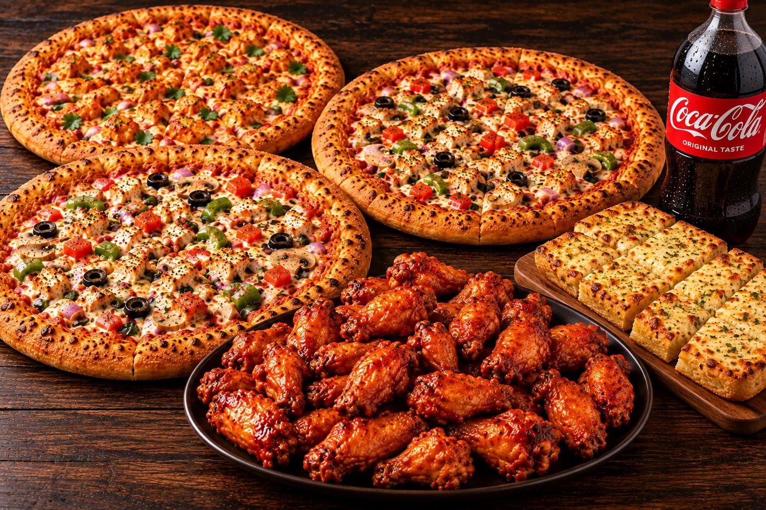 3 large specialty pizzas + 30 wings + garlic cheese bread + 2L soda for the Pizza 360 Ultimate Party Deal.