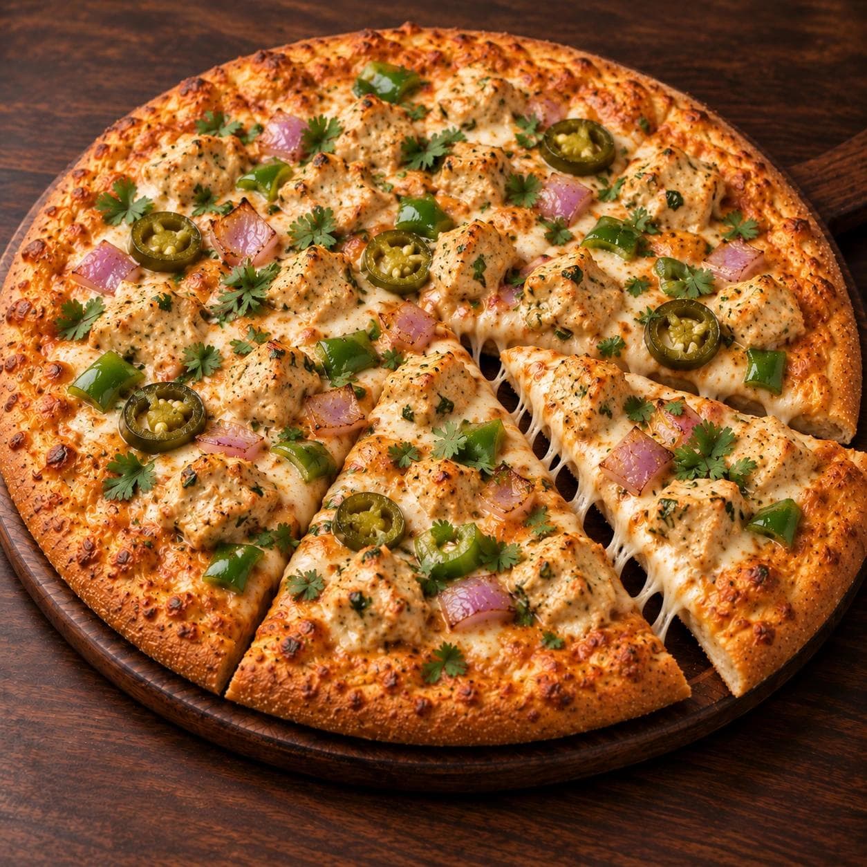 Tender malai-seasoned chicken paired with melted cheese, onions, jalapeños, and cilantro for a creamy, mildly spiced fusion pizza.