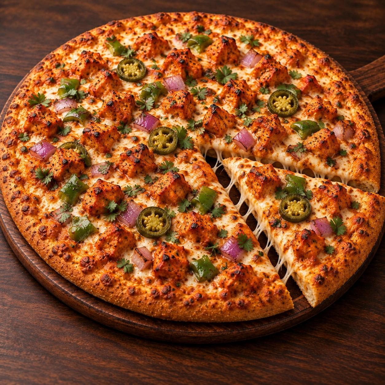 Seasoned chicken tikka combined with melted cheese, peppers, onions, jalapeños, and cilantro for a flavorful Indian fusion favorite.