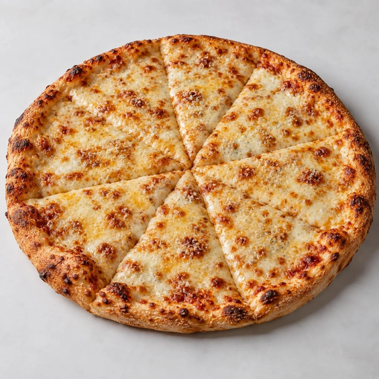 A freshly baked Quattro Formaggio Pizza topped with cheddar cheese, creamy ricotta, and savory garlic sauce