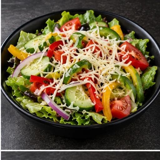 A fresh house salad with lettuce mix, cucumbers, mixed bell peppers, tomatoes, red onions, and mozzarella cheese.