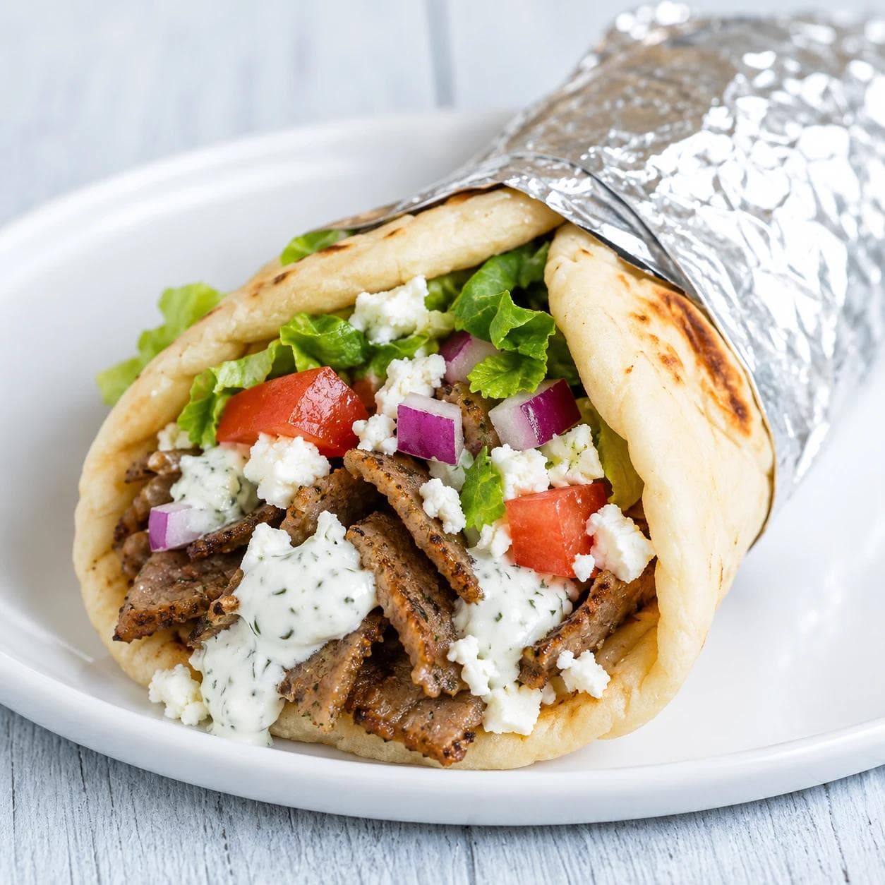 Seasoned gyro meat with fresh veggies, feta, and tzatziki in a warm pita.