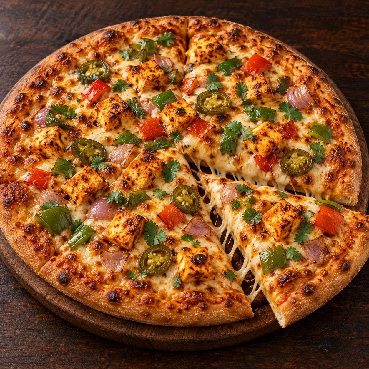 Paneer tikka layered with melted cheese, peppers, onions, jalapeños, and cilantro for a bold Indian-inspired pizza.