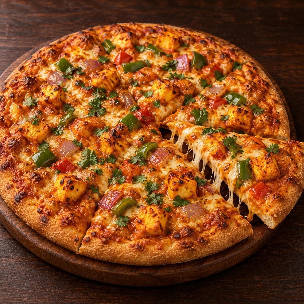 A rich Indian fusion pizza featuring paneer tossed in creamy butter masala sauce, melted cheese, peppers, onions, and cilantro on a golden-baked crust.