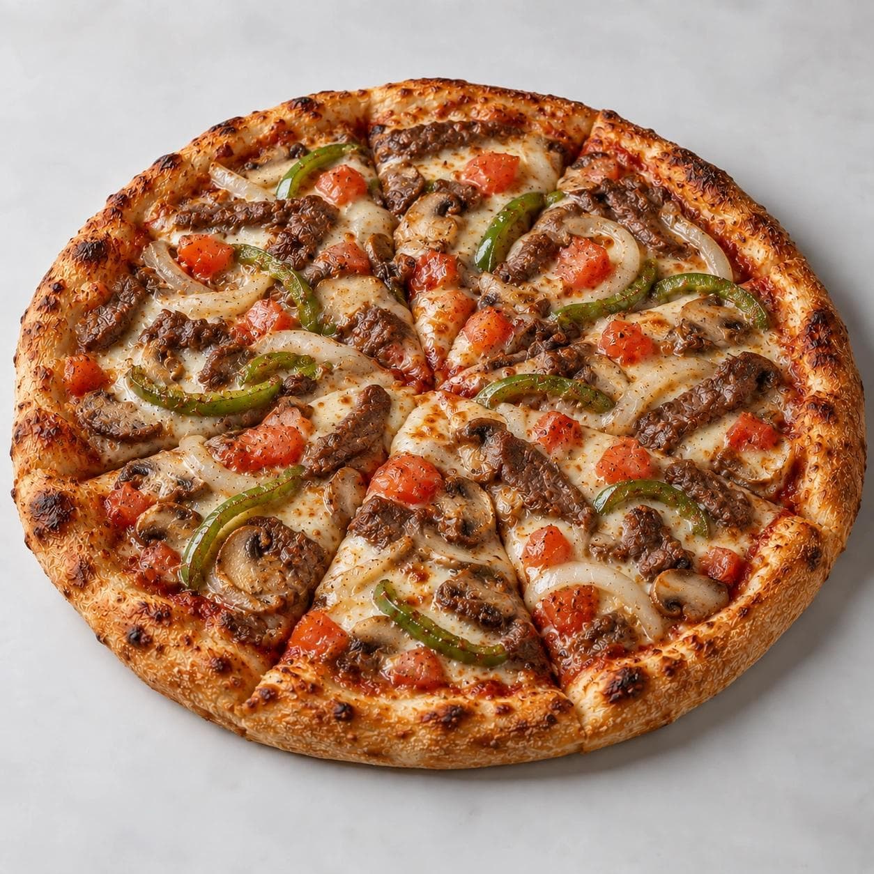 A freshly baked Steak & Cheese Pizza topped with steak, bell peppers, fresh mushrooms, fresh tomatoes, white onions, melted cheese, and tomato sauce.