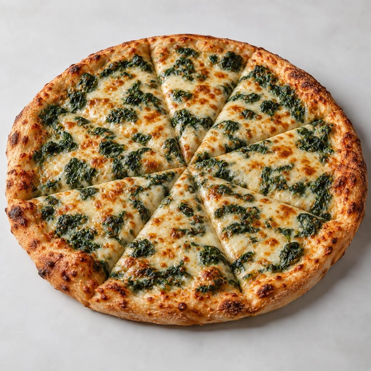 Our Spinach Pizza is topped with Minced Garlic, Ricotta, Spinach.