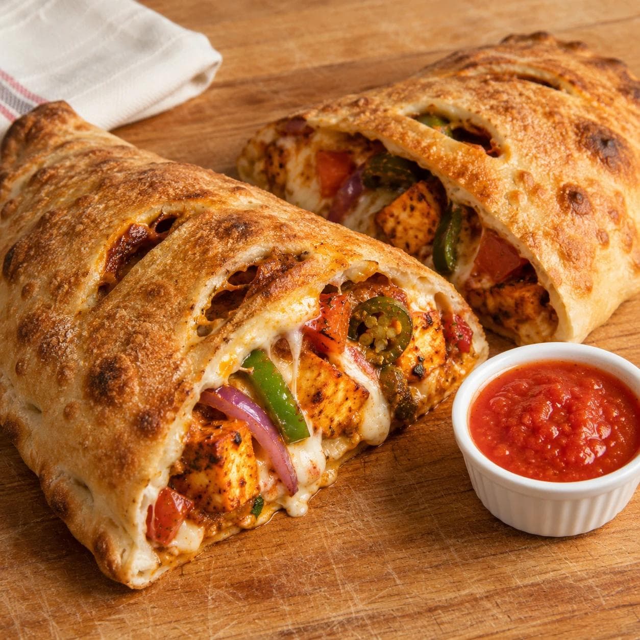 Tandoori paneer with melted cheese, fresh vegetables, and jalapeños baked inside a golden calzone.