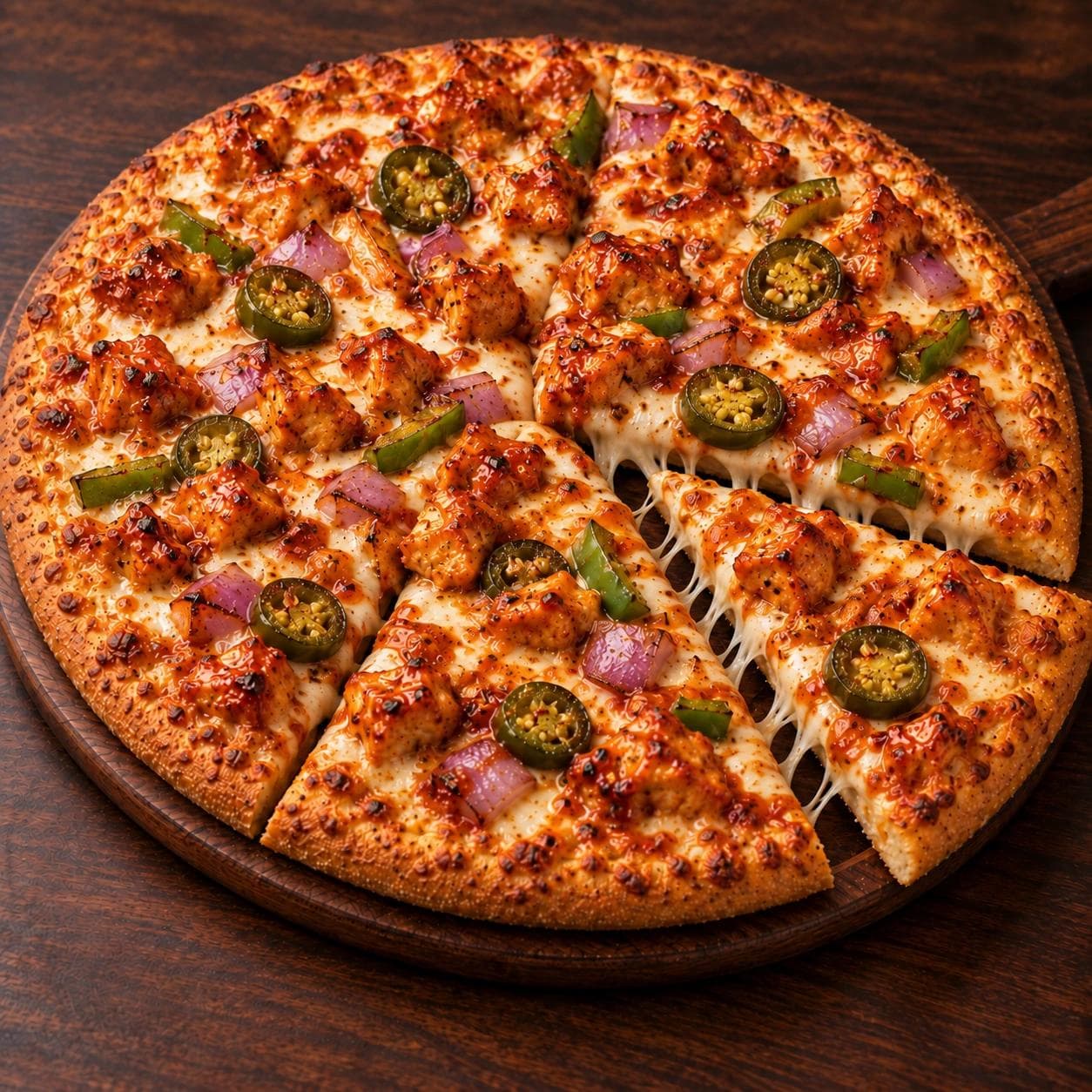 A sweet-and-spicy fusion pizza loaded with chicken coated in honey sriracha sauce, melted cheese, jalapeños, green peppers, and red onions for a bold balance of sweetness and heat.