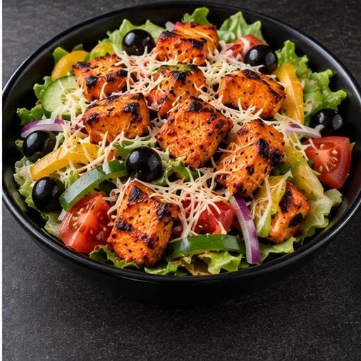 A fresh salad topped with flavorful tandoori chicken, lettuce mix, cucumbers, mixed bell peppers, black olives, tomatoes, red onions, and shredded cheese.