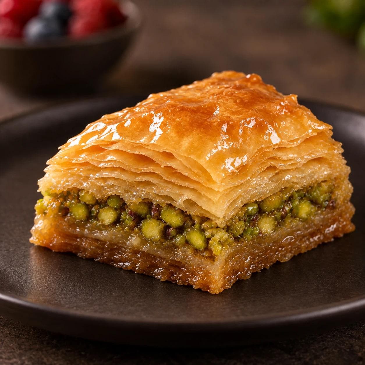 Sweet, flaky baklava with crisp pastry layers and a rich syrupy center.
