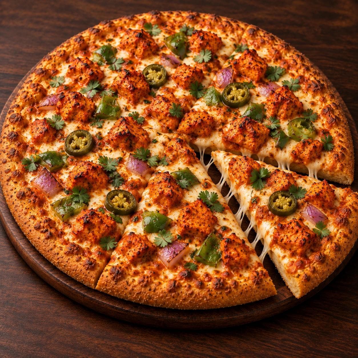Tandoori chicken combined with melted cheese, peppers, onions, jalapeños, and cilantro on a crisp golden crust.