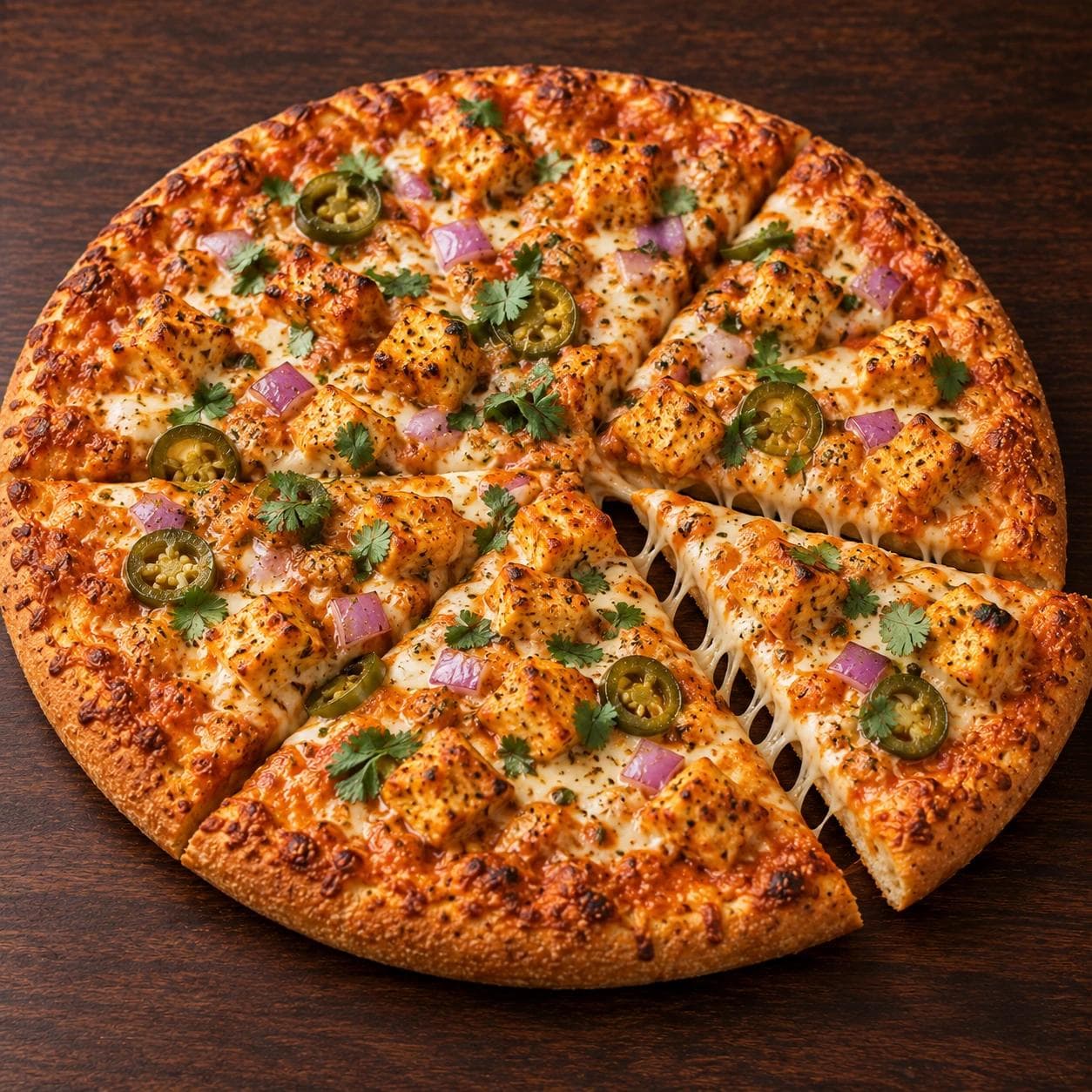 Tender paneer paired with a smooth, creamy malai-style sauce, melted cheese, peppers, onions, jalapeños, and cilantro.