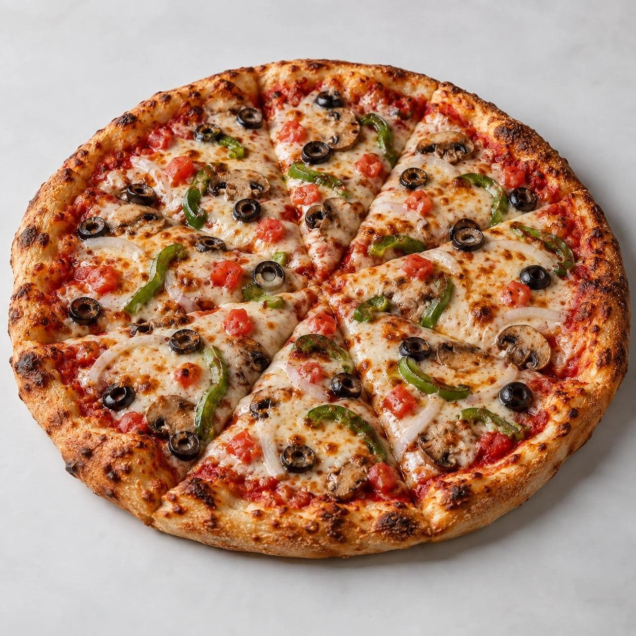 A colorful vegetable pizza topped with melted mozzarella, green peppers, white onions, mushrooms, black olives, and fresh tomatoes over tomato sauce.