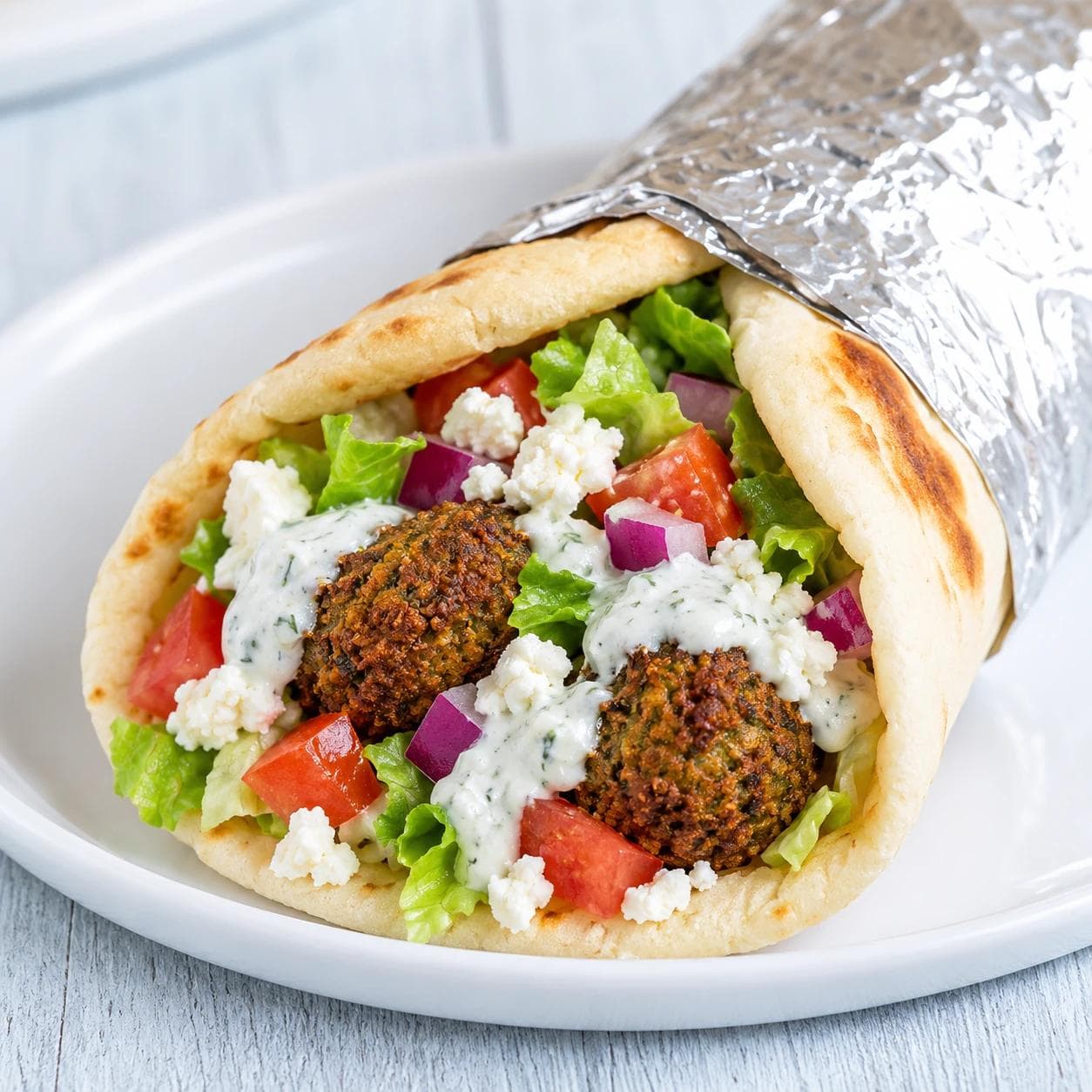 Crispy falafel with fresh veggies, feta, and tzatziki in a warm pita.