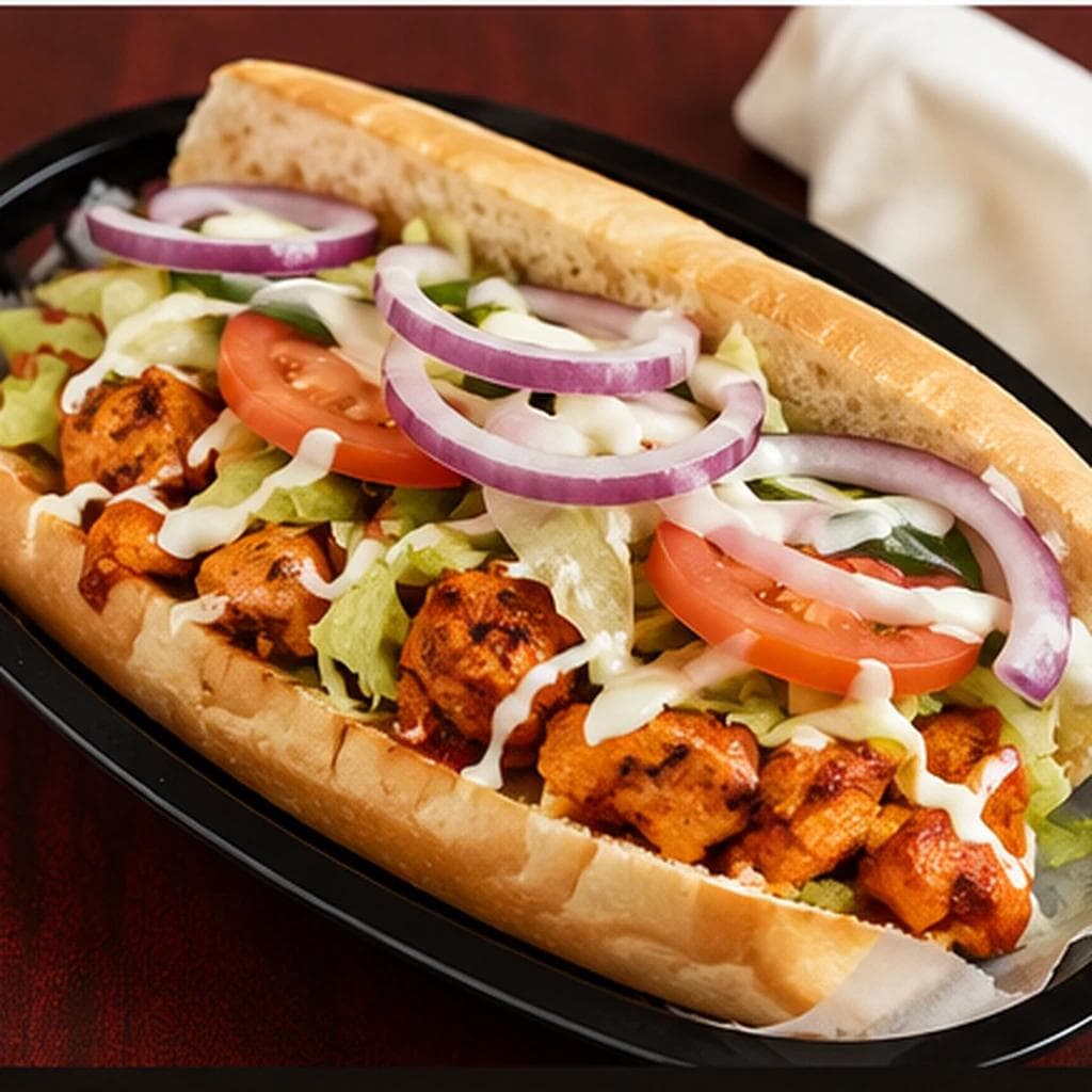 Chicken tikka with grilled peppers and onions, fresh lettuce, mayo, and provolone.