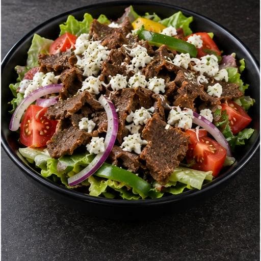 A fresh lettuce salad topped with seasoned gyro meat, feta cheese, green peppers, tomatoes, and red onions