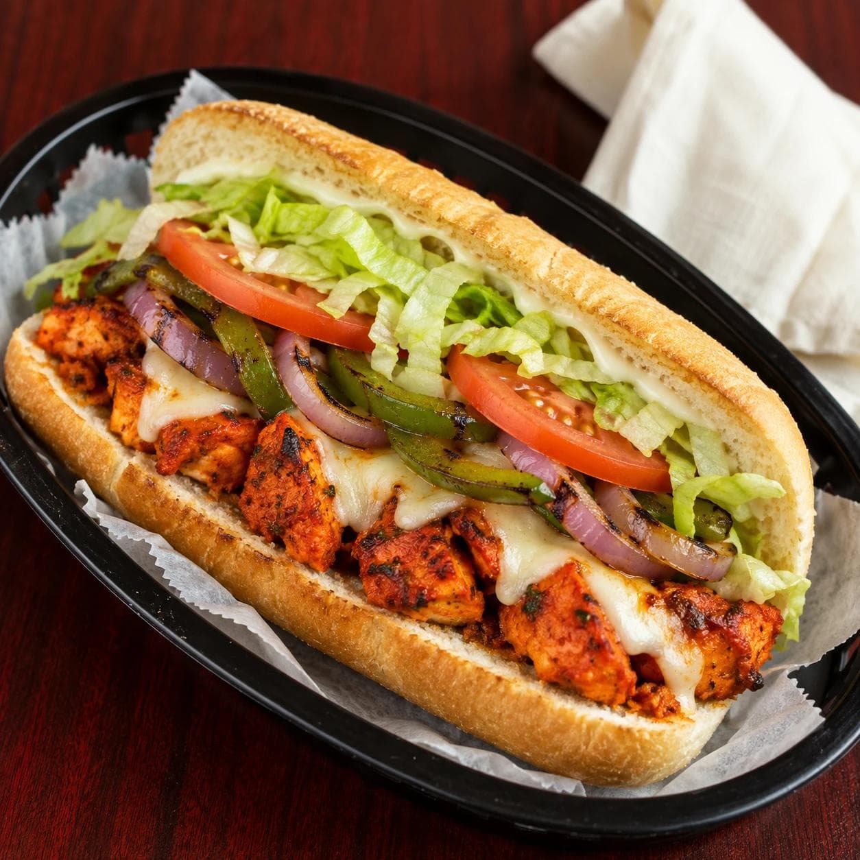 Tandoori chicken with grilled peppers and onions, provolone, fresh toppings, and mayo.