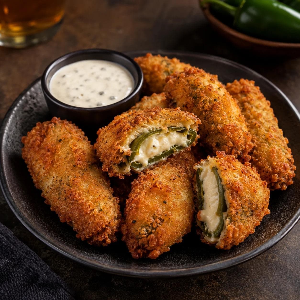 Crispy breaded jalapeño peppers filled with creamy melted cheese and served with ranch for dipping.