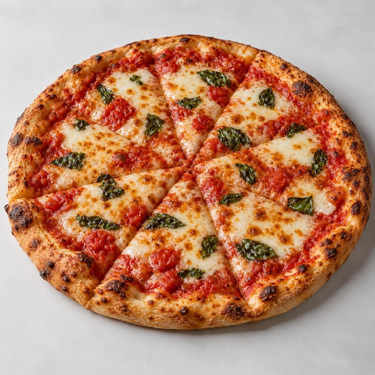 A freshly baked Margherita pizza topped with tomato sauce, melted mozzarella, and fresh basil