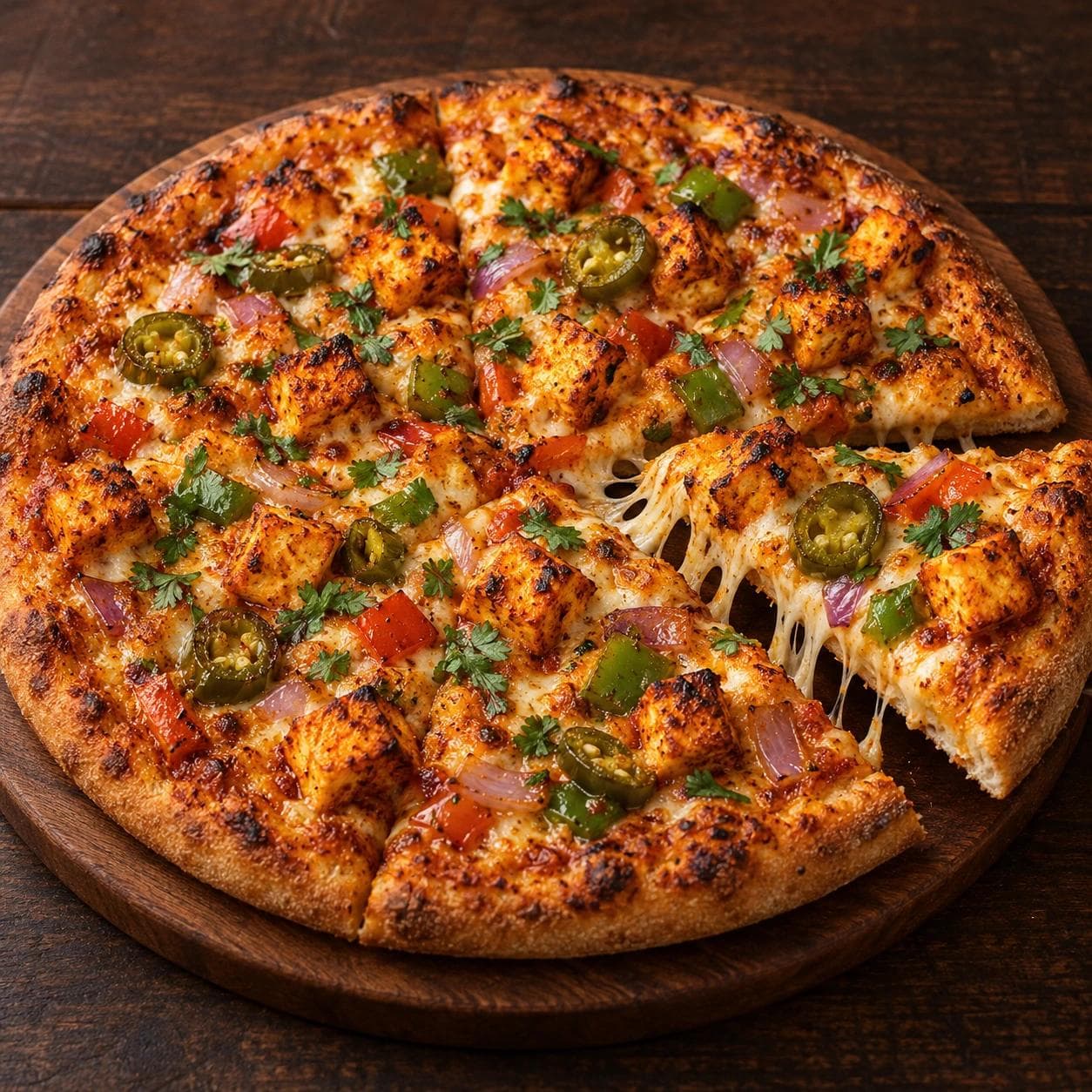 Tandoori-seasoned paneer combined with melted cheese, peppers, onions, jalapeños, and cilantro flavorful vegetarian pizza.