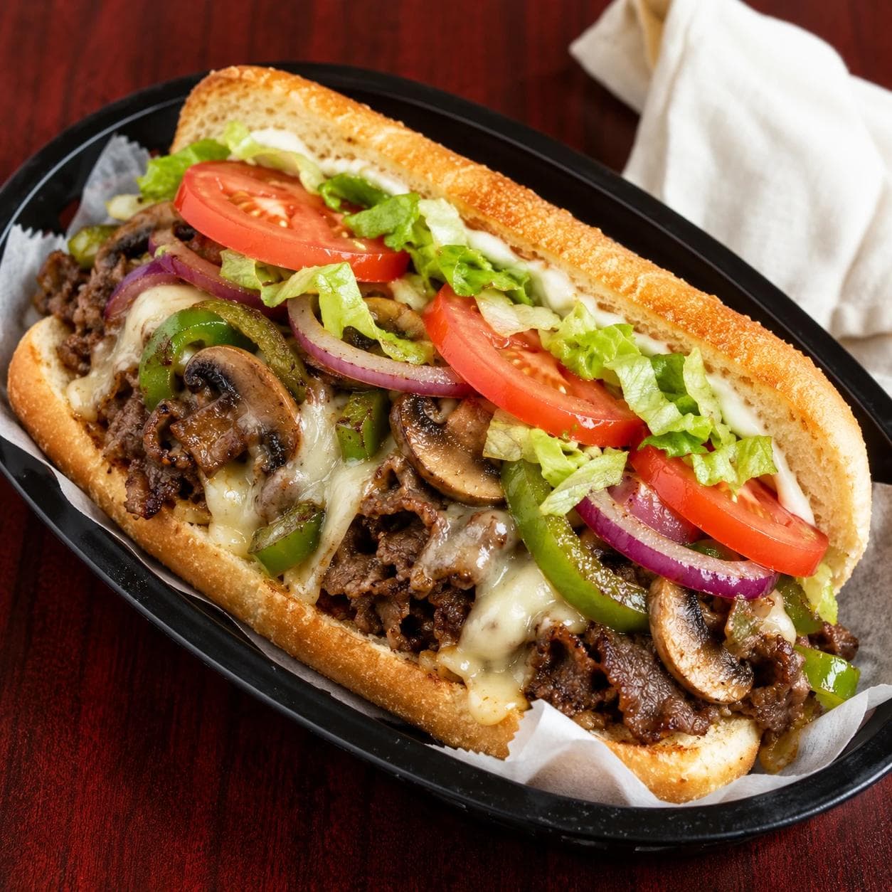 Loaded steak and cheese sub with mushrooms, peppers, onions, and fresh toppings.