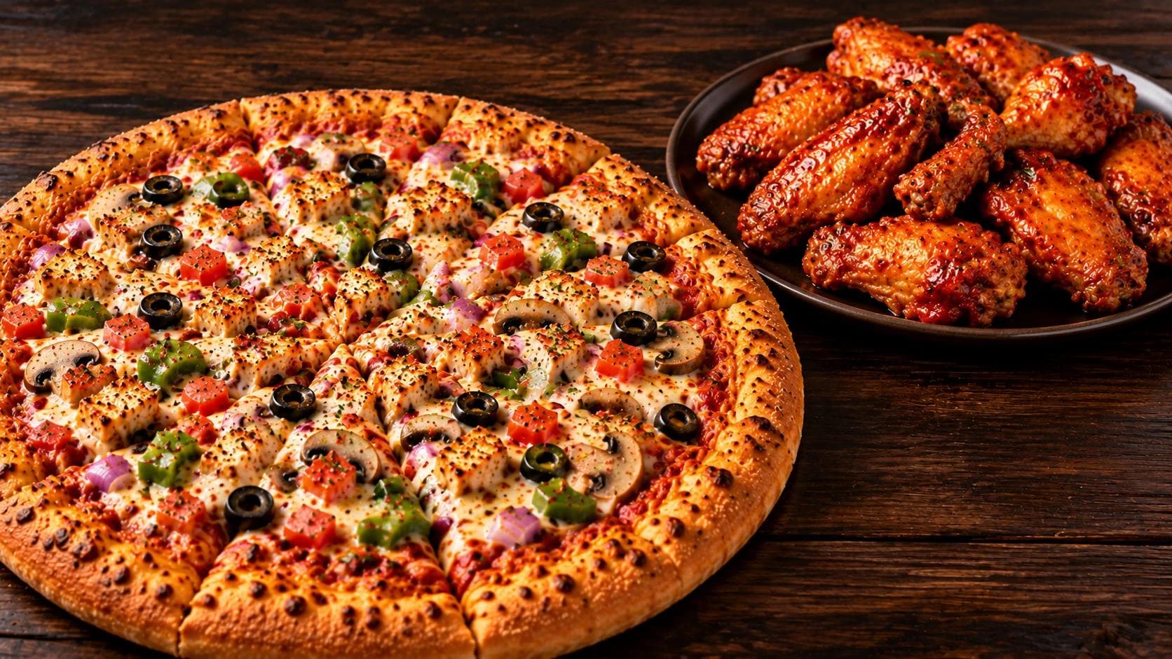 1 large specialty pizza + 10 sauced wings.