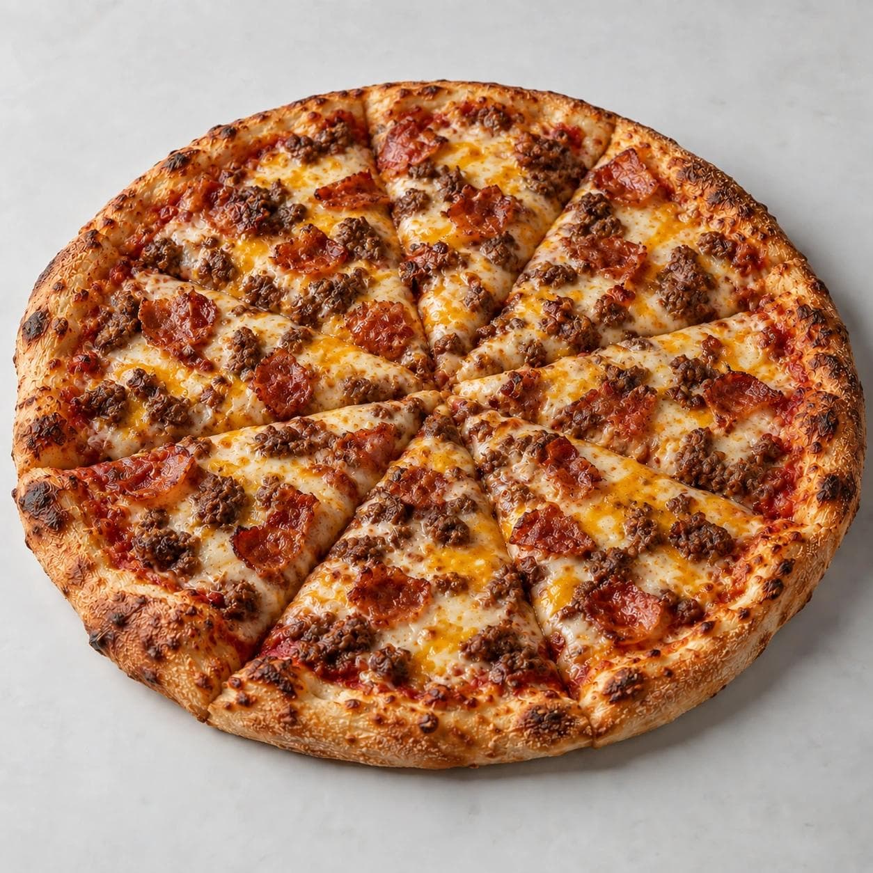 A hearty Bacon Cheese Burger Pizza topped with seasoned ground beef, crispy bacon, melted mozzarella and cheddar-style cheese over tomato sauce.