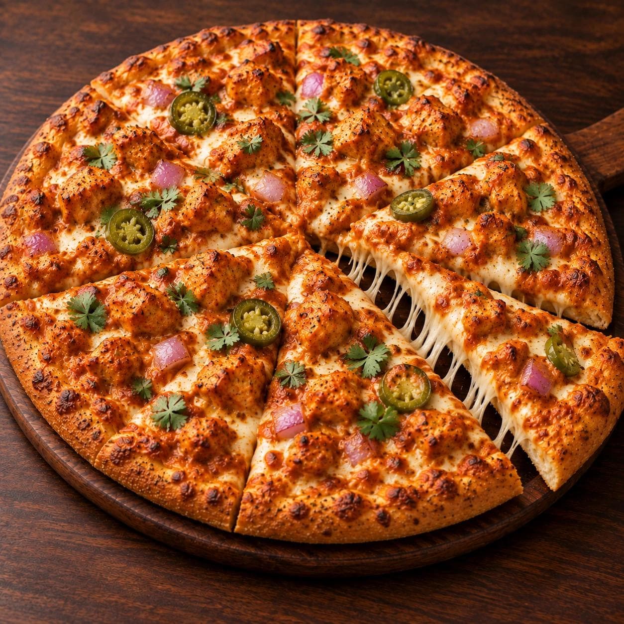 Pizza topped with chicken, cheese, mixed peppers, onions, jalapenos, cilantro, and a rich butter masala sauce.