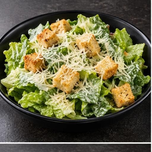 A fresh Caesar salad made with crisp romaine lettuce, Caesar dressing, crunchy croutons, and Parmesan cheese