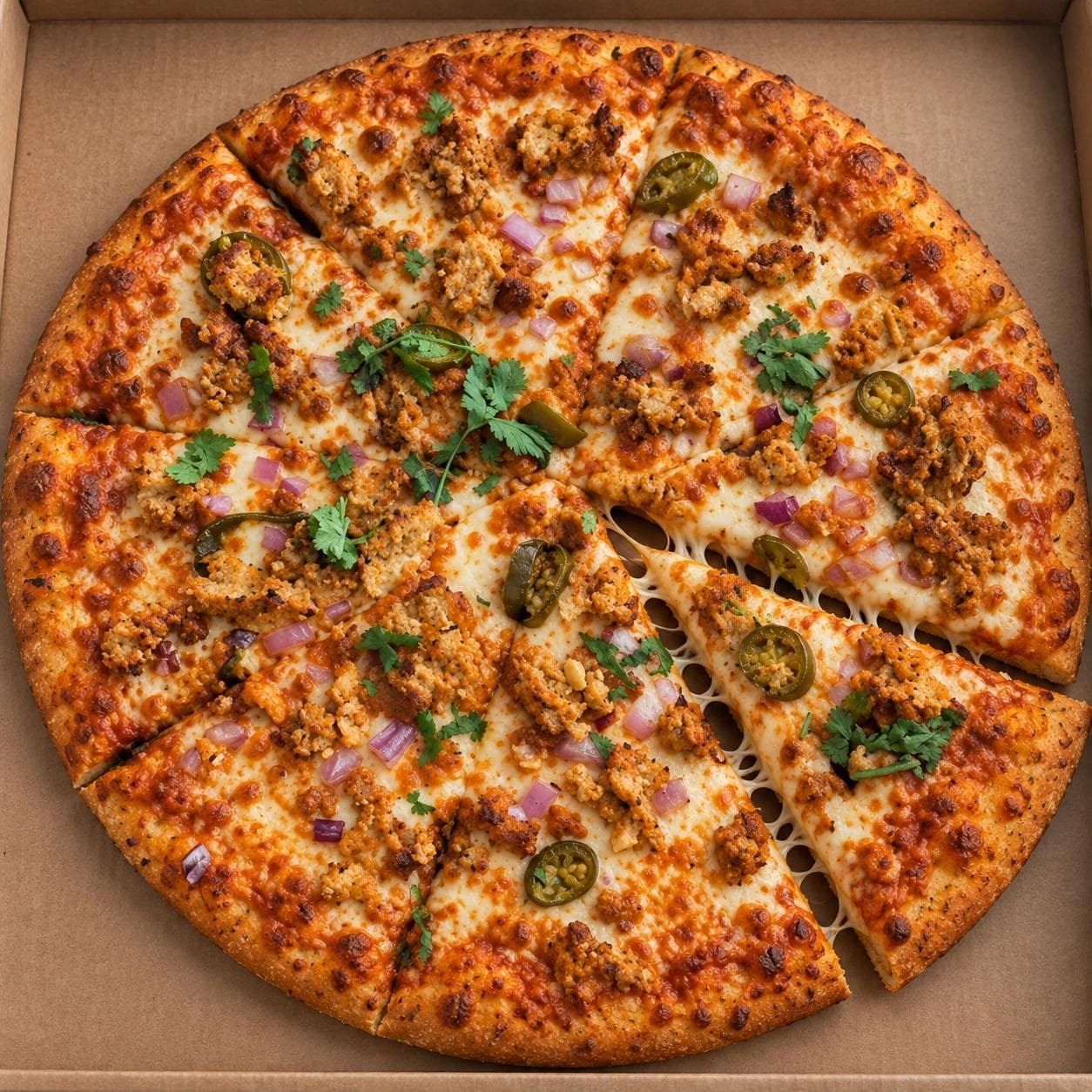 A unique fusion pizza featuring lightly crushed malai kofta over our creamy malai sauce with melted cheese, onions, jalapeños, and cilantro.