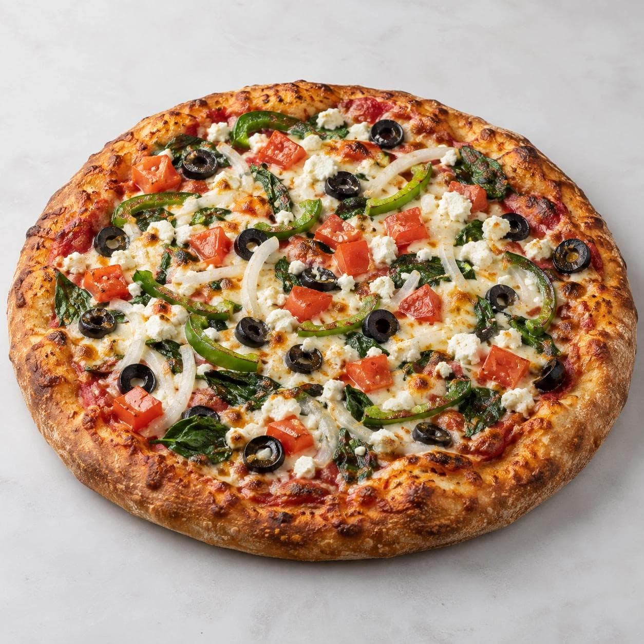 A freshly baked Greek pizza topped with melted cheese, feta cheese, black olives, fresh tomatoes, green peppers, gyro Meat, and white onions.