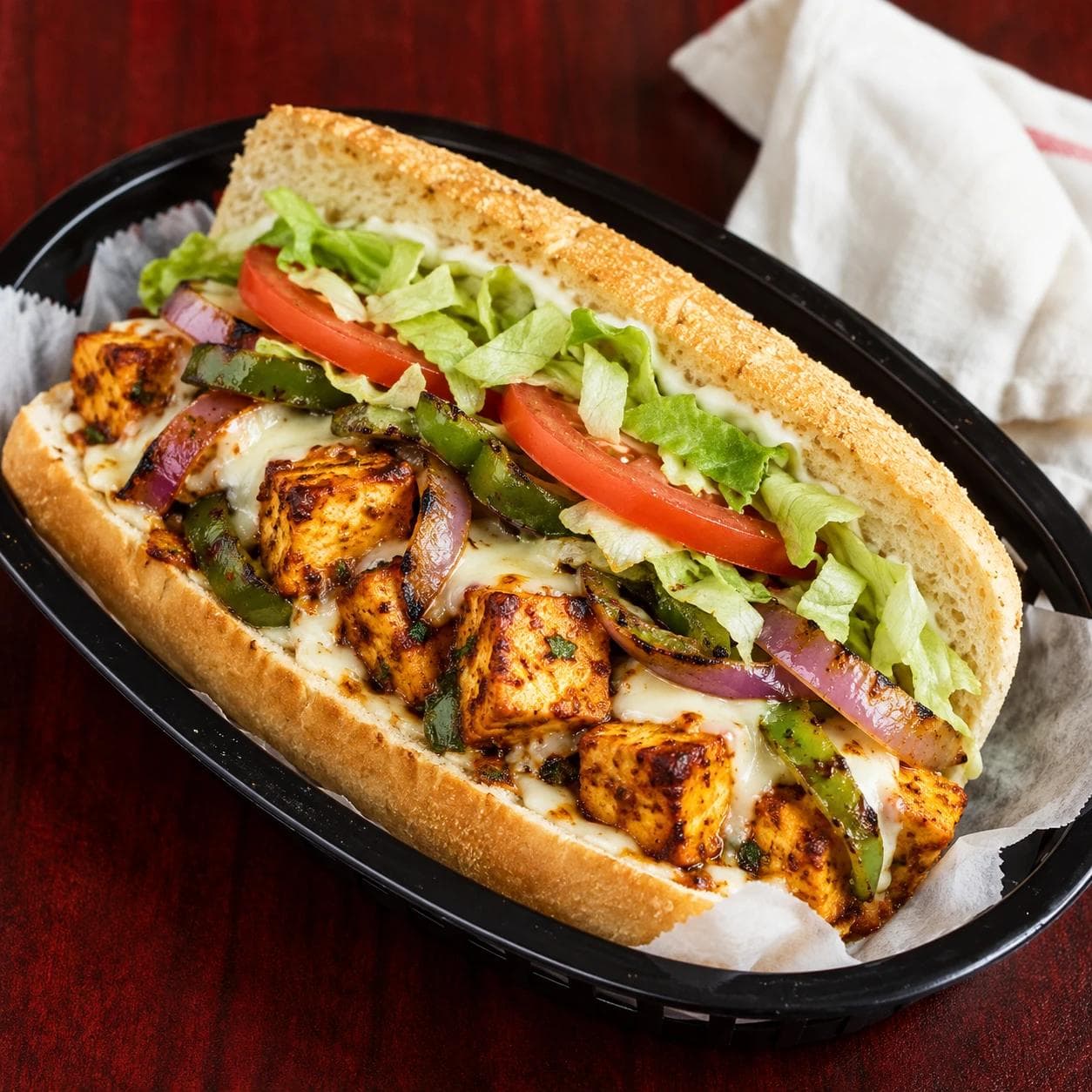 Paneer tikka with grilled peppers and onions, provolone, fresh toppings, and mayo.